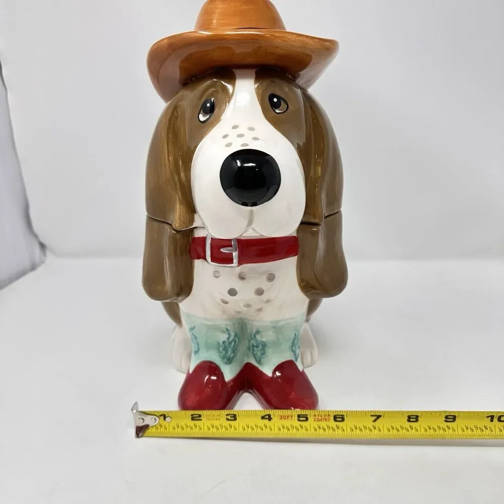 The Pioneer Woman Charlie Cookie Jar Blue Boots Basset Hound Dog Cowboy Hat -12”